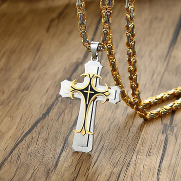 Amazing Cross Necklace For Men - Byzantine Gold Colour Stainless Steel Chain Catholic Crucifix Pendant - The Jewellery Supermarket